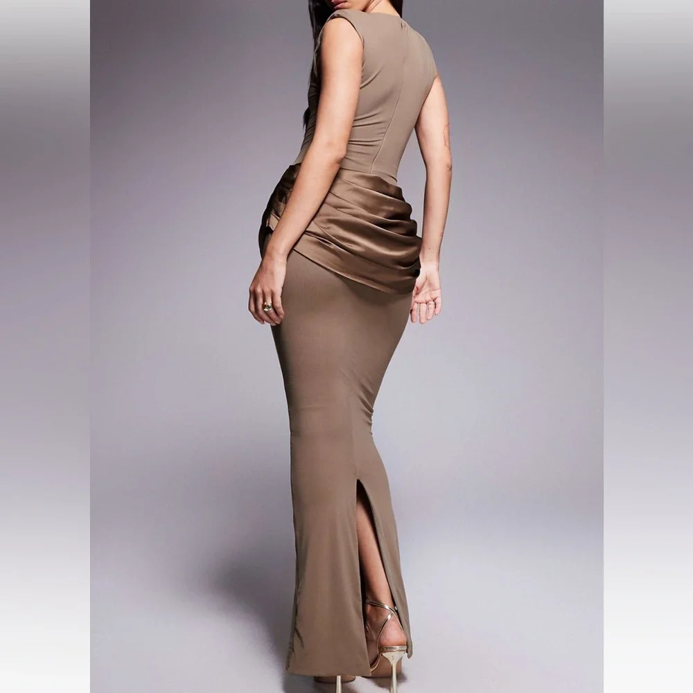 ASOS- Wander Doll taupe shoulder pad satin drape waist detail bodycon maxi dress - Picture 5 of 5